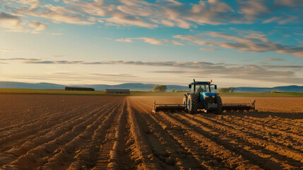 Fototapeta premium Poster with a tractor plowing the ground, the concept of Earth Hour and caring for the future harvest, seasonal work on the farm, Labor Day banner