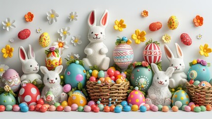 Obraz na płótnie Canvas Décor de Pâques avec des lapins et des œufs multi couleurs 