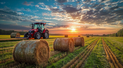 Collecting grass into bales after mowing, farmer on tractor blue sky with clouds at sunset, Earth Hour concept and idea about the importance of farming in the economy and ecosystems, Labor Day poster