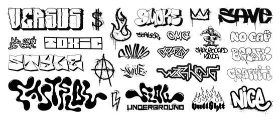 Graffiti street art, urban culture tags, lettering, gothic calligraphy and urban art. Isolated black street graffiti, graphic box with spray effect, inks splash, dripping paint. Hip hop style. Vector © SergeyBitos