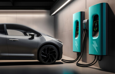 Battery packs for charging electric cars at home. Charge point in garage. Car parking plug-in energy