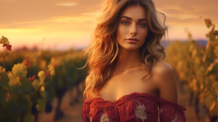 Beautiful Italian woman with model looks, posing among vineyards under the sunset sky.
