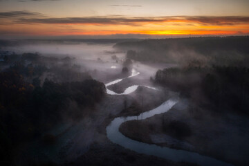 Radunia River meanders at sunrise, Kashubia. Poland