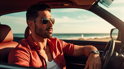Handsome Latino man with model looks, cruising in a luxury sports car along the coastline.