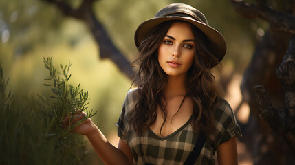 Beautiful Italian woman with model looks, harvesting olives in an olive grove.
