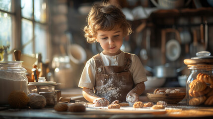 A cute little girl in the kitchen making flour biscuits, wearing an apron dipped in flour in the background of a window with beautiful sunlight - obrazy, fototapety, plakaty