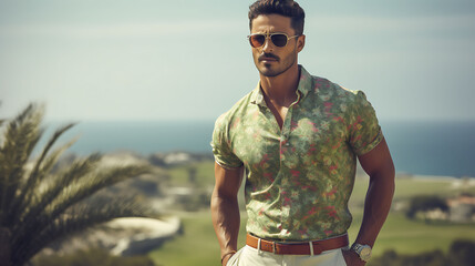 Handsome Latino man with model looks, playing golf on a course with an ocean view.
