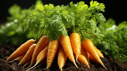 Vibrant carrot plant in garden bed, showcasing growth process with ample space for text placement.