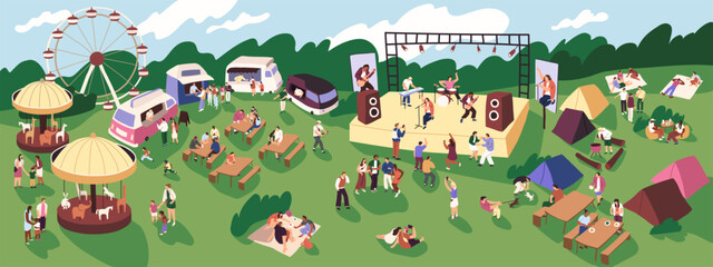 Funfair with food trucks, picnic tables panorama. People camping during open air music festival. Crowd fun on attractions, carrousel, ferris wheel. Musicians perform on satge. Flat vector illustration