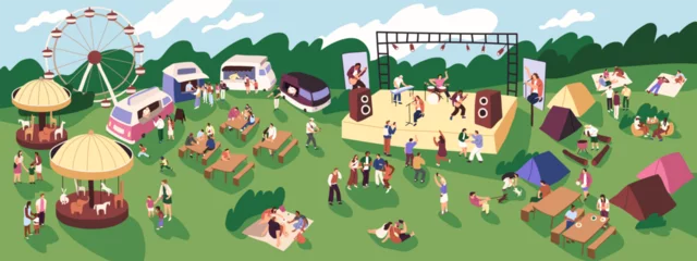 Deurstickers Funfair with food trucks, picnic tables panorama. People camping during open air music festival. Crowd fun on attractions, carrousel, ferris wheel. Musicians perform on satge. Flat vector illustration © Paper Trident
