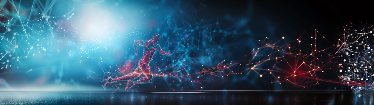 An abstract conceptual depiction of a male athlete runner emerges from interconnected lines and dots capturing the sprinter running in motion, panoramic stock illustration image