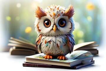 Obraz premium A Curious Student: Colorful Owl Reads from an Open Book Labeled 'Komats'