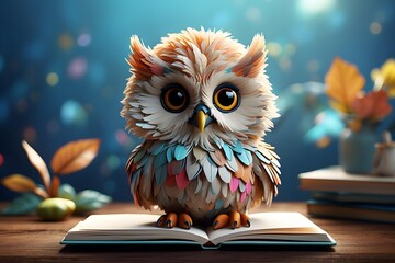 A Curious Student: Colorful Owl Reads from an Open Book Labeled 'Komats' - obrazy, fototapety, plakaty