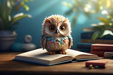 A Curious Student: Colorful Owl Reads from an Open Book Labeled  - obrazy, fototapety, plakaty