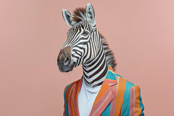 Elegant zebra in striped suit and white shirt on pastel pink background