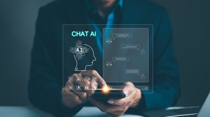 Man touching chatting virtual with an intelligent artificial intelligence asks for the answers he...