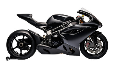 Black Motorcycle. The vehicle appears sleek and modern and is positioned prominently in the center of the frame. on a White or Clear Surface PNG Transparent Background.