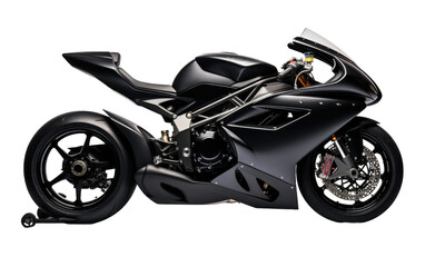 Obraz premium Black Motorcycle. The vehicle appears sleek and modern and is positioned prominently in the center of the frame. on a White or Clear Surface PNG Transparent Background.