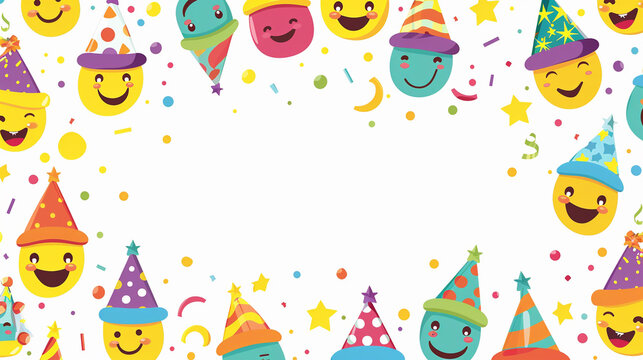A festive vector design for birthdays featuring cheerful smiley faces wearing birthday hats, set against a white background with ample empty space for messages and text. Generative AI