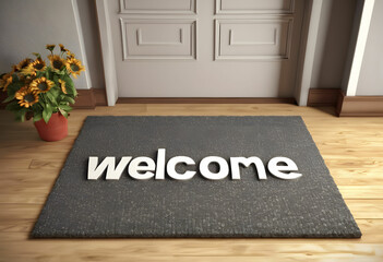 The word WELCOME written on a door mat.