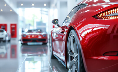 Shiny Red Sports Car in Modern Automotive Showroom