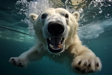 Ingelijste posters Polar bear underwater attack. Polar bear attacking underwater full paw blow details © anwel