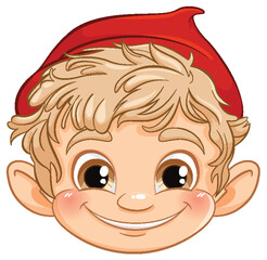 Smiling elf character with a festive red hat.