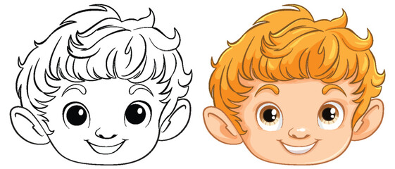 Black and white sketch and colored illustration of a boy.