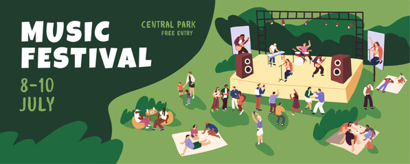 Promotion of open air music festival on banner. Musicians with performance on stage, audience dances, people have a picnic in park. Advertisement poster of rock band concert. Flat vector illustration