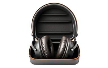 Pair of Headphones in Case. The case is sleek and compact, ensuring the headphones remain safe and secure when not in use. on a White or Clear Surface PNG Transparent Background.