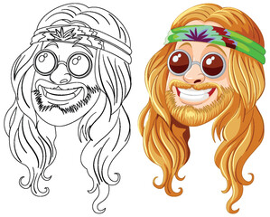 Colorful and line art hippie character with sunglasses.