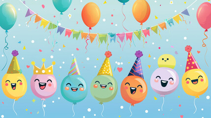 A festive vector design for birthdays featuring cheerful smiley faces wearing birthday hats, set against a white background with ample empty space for messages and text. Generative AI - obrazy, fototapety, plakaty