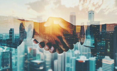 Cityscape Handshake: Capturing Corporate Success Through Trust and Partnership