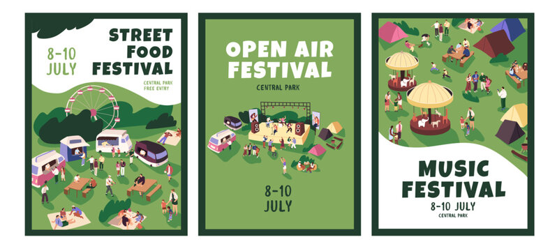 Advertisement vertical posters of street food festival set. Promo placards of music open air concert. People dance, have a picnic, camping in amusement park on holiday event. Flat vector illustrations