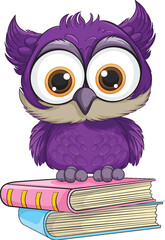 Cute purple owl sitting on colorful books