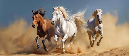 Graceful gallop of three powerful horses on sandy beach under blue sky