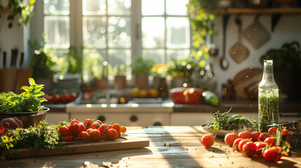 A group of Chefs prepare dishes with fresh herbs in the modern kitchen - obrazy, fototapety, plakaty