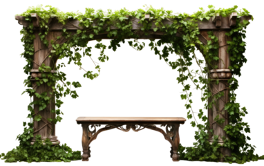 A wooden bench is positioned beneath a lush green arbor The bench is surrounded by vibrant greenery, enhancing the tranquil atmosphere. on a White or Clear Surface PNG Transparent Background.