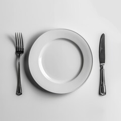 Fork, plate, knife, white background, AI generated Image
