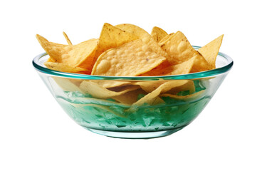 Bowl of Chips. The golden brown chips are displayed neatly, ready to be enjoyed by snack enthusiasts. on a White or Clear Surface PNG Transparent Background.