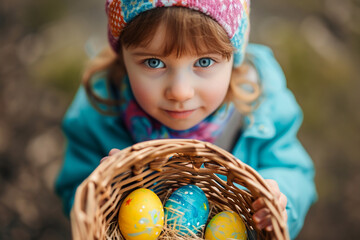 child holding a basket with vibrantly decorated Easter eggs , generative AI - 746394948