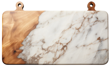 A durable marble cutting board with a sturdy wooden handle, ideal for slicing and chopping ingredients in the kitchen. on a White or Clear Surface PNG Transparent Background.
