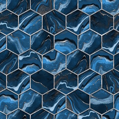 Blue hexagon seamless texture with silver. Abstract background