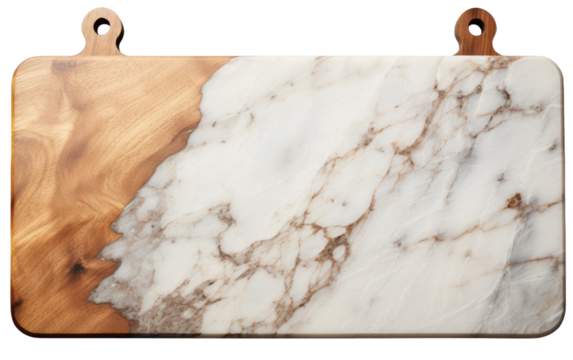 A durable marble cutting board with a sturdy wooden handle, ideal for slicing and chopping ingredients in the kitchen. on a White or Clear Surface PNG Transparent Background.