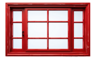 Red Window on White Wall. A close up photo showing a bright red window stands out with its vibrant color contrasted. on a White or Clear Surface PNG Transparent Background.