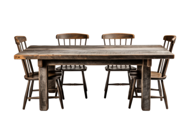 Wooden Table With Six Chairs Around It. A wooden table is surrounded by six chairs, creating a seating arrangement for six individuals. on a White or Clear Surface PNG Transparent Background.