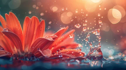 Poster Beautiful close-up gerbera flower with water splashing against a bright sunlight background, rasa © Alina Zavhorodnii