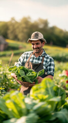 portrait of man or farmer in sustainable garden or small business owner in field, generative AI