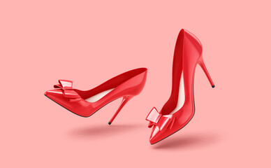 Red glossy high heels shoes with bow decoration isolated on pink background. Clipping path included