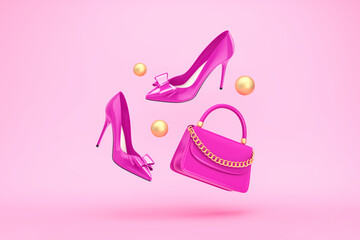 Vivid purple women's handbag and shoes flying over pink background